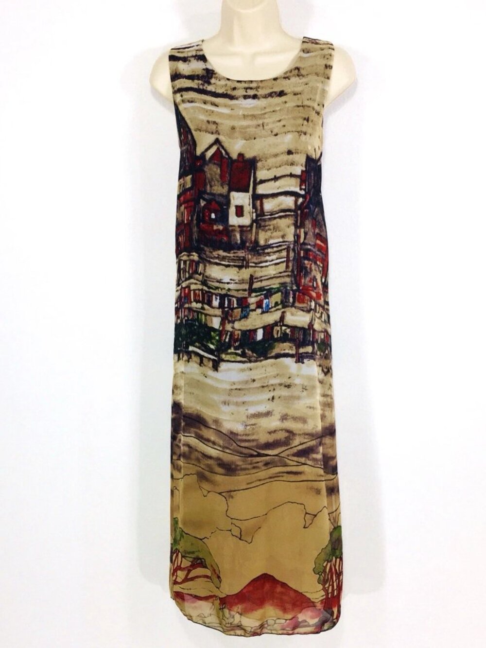 Unbranded Flowy Chiffon Shift Dress Sz M Asian Art-to-Wear River Scene Side Slit